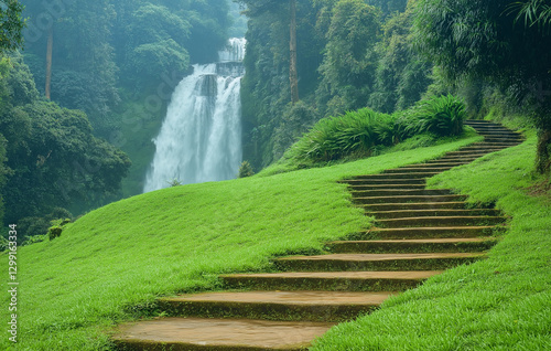 Beautiful green grass lawn with stairs leading to the waterfall in nature, a very beautiful scenery of Kibale National Park. In the late summer season, it is lush and vibrant with tall trees and dense