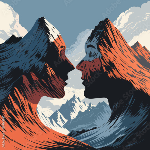 Surreal Mountain Landscape Forming Human Faces Against Cloudy Sky