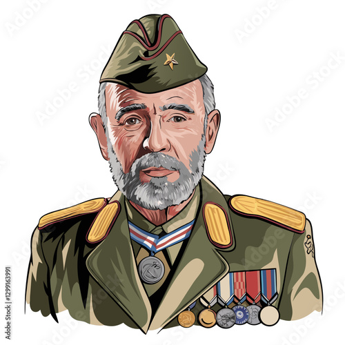 Distinguished Elderly Soldier with Medals and Military Uniform Vector Illustration