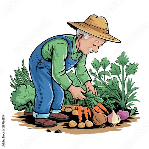 Elderly Farmer Harvesting Vegetables in Vibrant Garden Vector Illustration