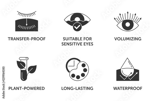 Mascara properties and benefits icons set in monochrome style