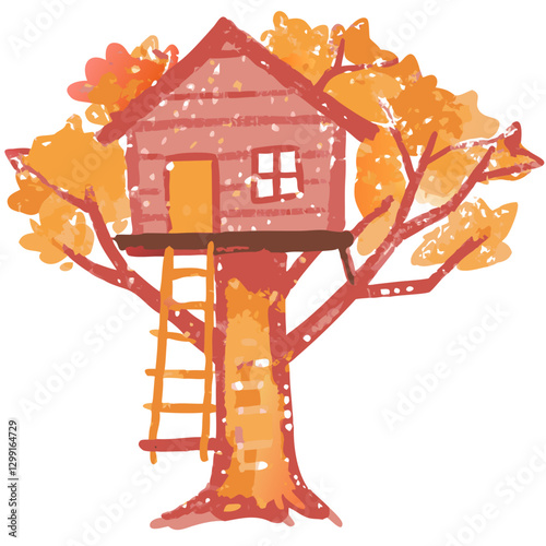 Whimsical Autumn Treehouse Illustration for Childhood Adventure Themes