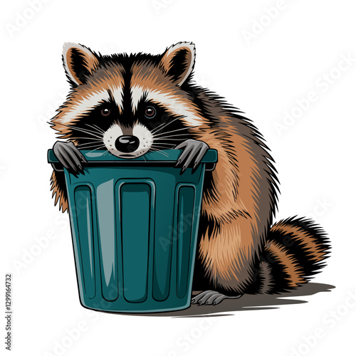 Raccoon Peeking from Trash Can Vector Illustration Wildlife Art