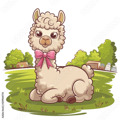 Cute Alpaca with Pink Bow in Sunny Pasture Vector Illustration