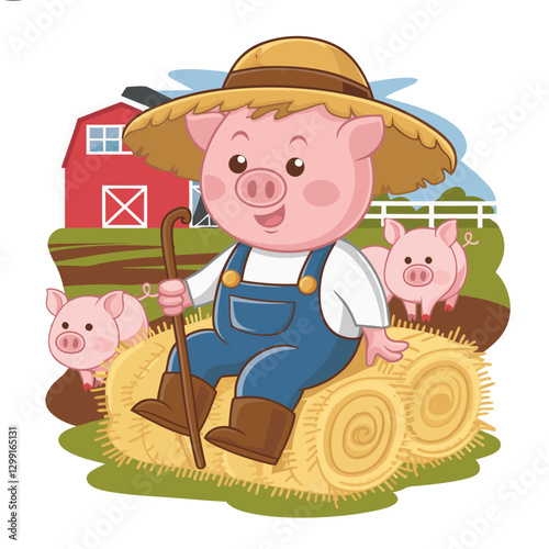 Cute Cartoon Piglet Farmer with Haystack and Barnyard Scene for Children's Illustrations