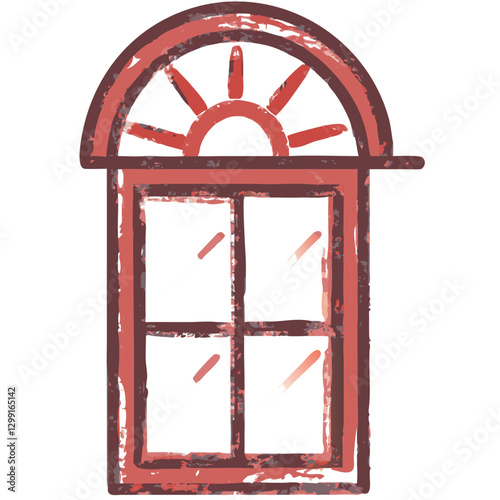 Rustic Arched Window Design with Sunrise Motif Vector Illustration