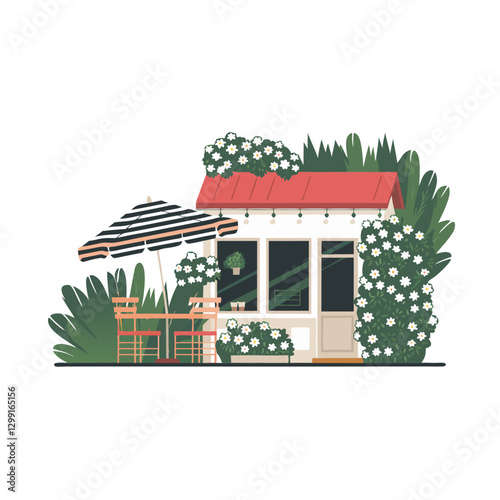 Charming Outdoor Cafe Vector with Cozy Seating and Floral Decor