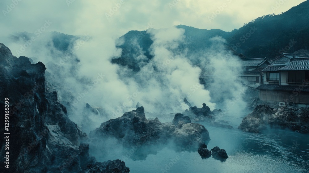 Fototapeta premium Misty hot springs, steaming volcanic landscape, Japanese traditional buildings