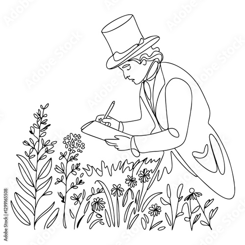 Victorian Botanist Illustrating Flowers in Garden Line Art