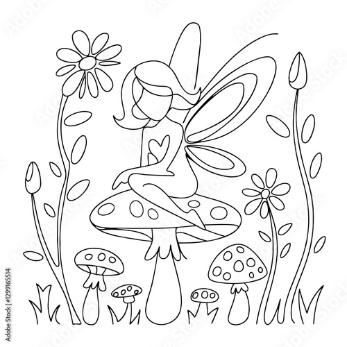 Whimsical Fairy Sitting on Mushroom Surrounded by Flowers Fantasy Line Art Vector