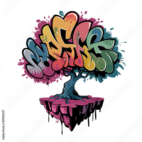 Vibrant Graffiti Tree on Floating Rock Vector Art Design