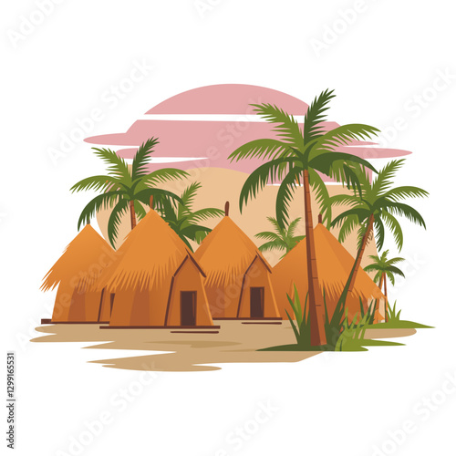 Tropical Village Scene with Thatched Huts and Palm Trees at Sunset Vector Illustration
