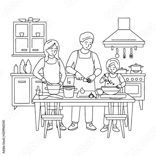 Family Cooking Together in Kitchen Vector Illustration for Home Cooking Concepts