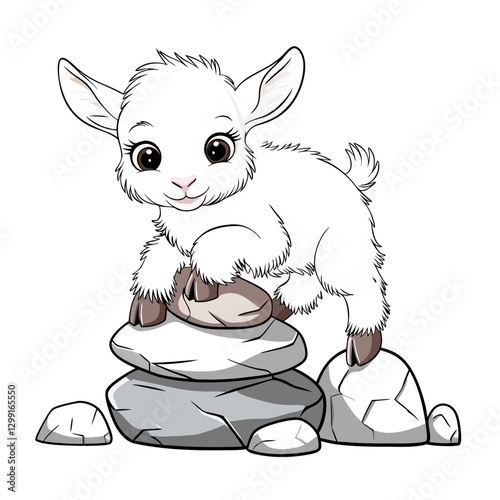 Cute Baby Goat Vector Illustration on Rocks Adorable Farm Animal Art