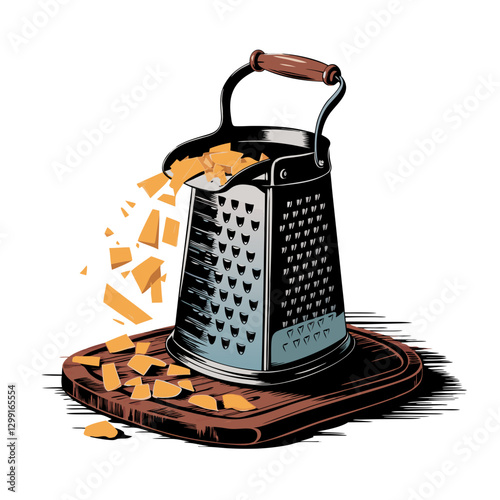 Vintage Cheese Grater with Wooden Handle and Cheese Chunks Vector Illustration