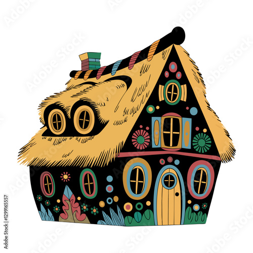Colorful Whimsical Cottage with Floral Patterns and Thatch Roof Illustration