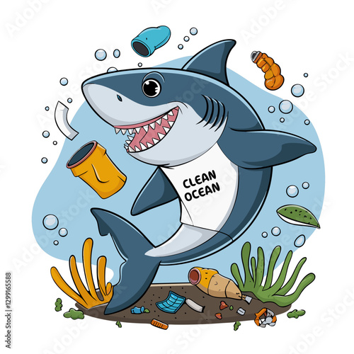 Cartoon Shark Advocating Ocean Cleanliness Surrounded by Marine Debris