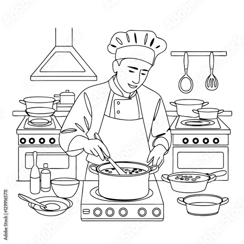 Chef Cooking in Professional Kitchen Vector Illustration for Culinary Content