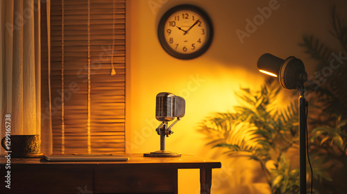 and inviting vintage podcast studio with an old microphone, a wooden desk, a vintage clock on the wall, and soft, yellow-toned lighting 