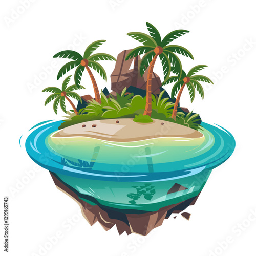 Tropical Island Paradise Floating with Palm Trees and Crystal Clear Water Vector Illustration