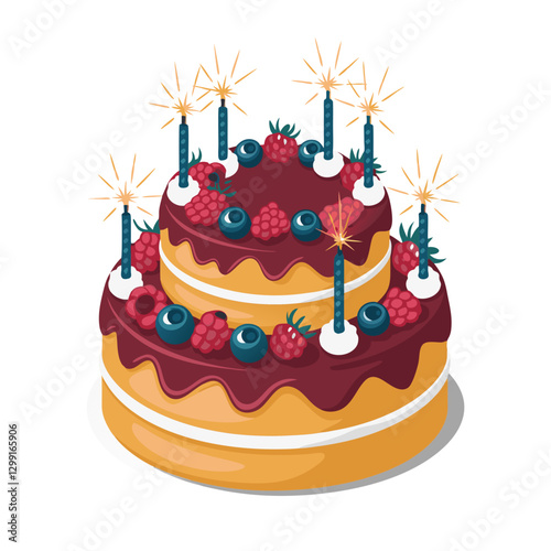 Colorful Two-Tier Berry Cake with Candles and Sparklers Birthday Celebration Vector