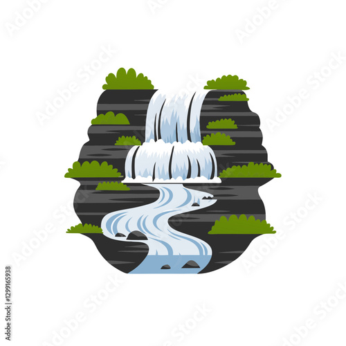 Vector Illustration of Serene Waterfall with Flowing Stream and Lush Greenery