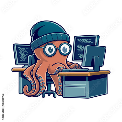 Cartoon Octopus Programmer at Dual Monitors with Glasses and Beanie