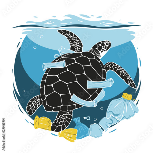 Marine Turtle Entangled in Ocean Plastic Pollution Environmental Impact Vector