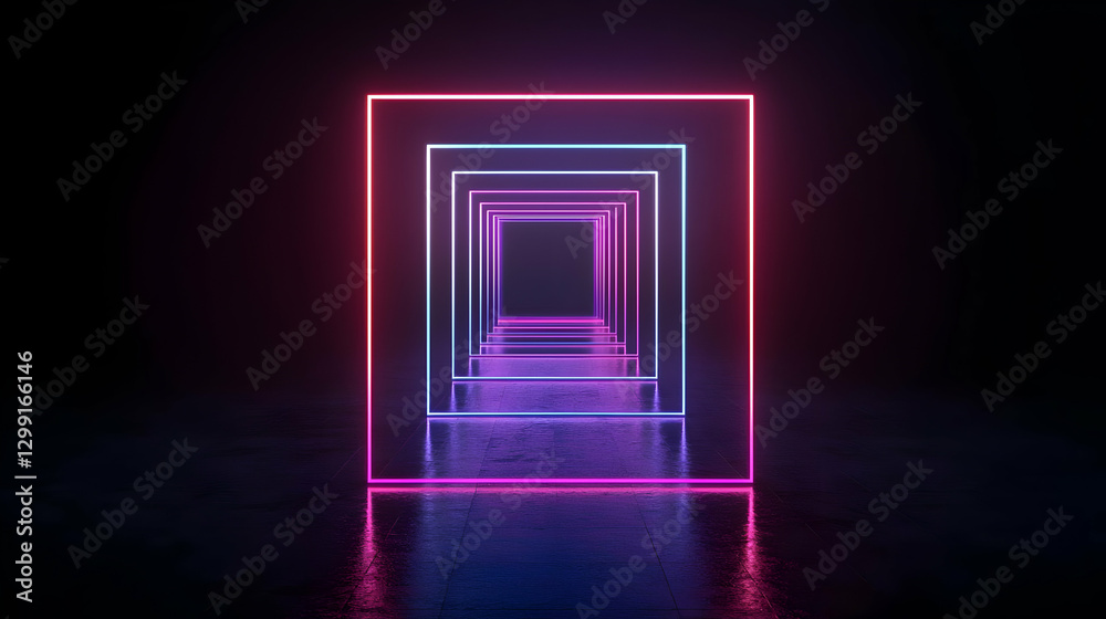 Abstract Neon Light Square Tunnel with Reflective Surface and Dark Background Abstract Neon Light Square Tunnel with Reflective Surface and Dark Background