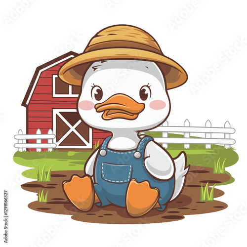 Cute Cartoon Duck in Farm Overalls with Hat in Rural Barnyard