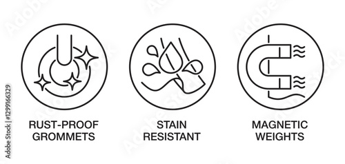 Shower Curtains icons, stain-resistant, rust-proof, in thin line and circle shape