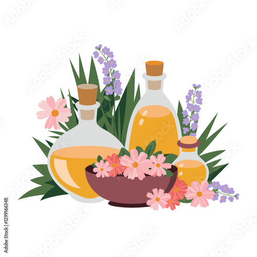 Aromatherapy Essential Oils and Flowers Vector Illustration for Holistic Wellness