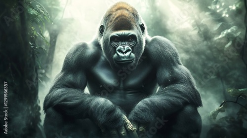 Powerful Gorilla sitting in a misty jungle its deep eyes full of wisdom broad shoulders and thick fur detailed with soft light breaking through the dense canopy