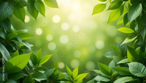 A nature-inspired background featuring lush green leaves and soft light filtering through.