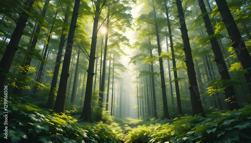 Peaceful forest background featuring tall trees with sunlight filtering through dense green leaves. 