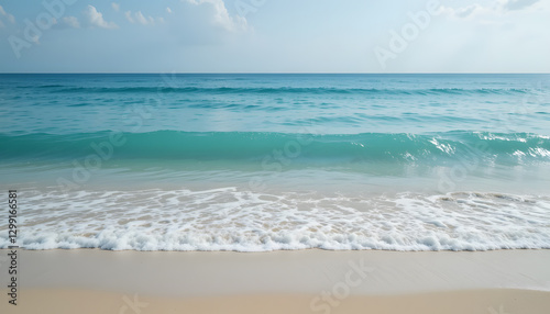 Serene ocean background with gentle waves rolling onto a sandy shore. 