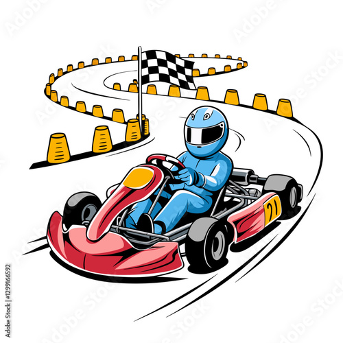 Go Kart Racer in Blue Suit on Curved Track with Checkered Flag Vector Illustration