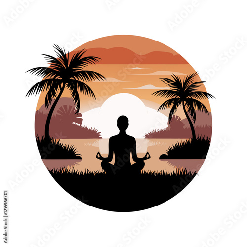 Tranquil Meditation Silhouette at Tropical Sunset with Palm Trees