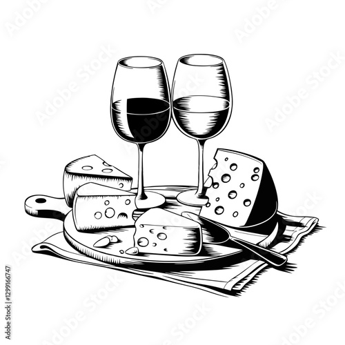 Vintage Wine and Cheese Platter with Glasses Elegant Vector Illustration