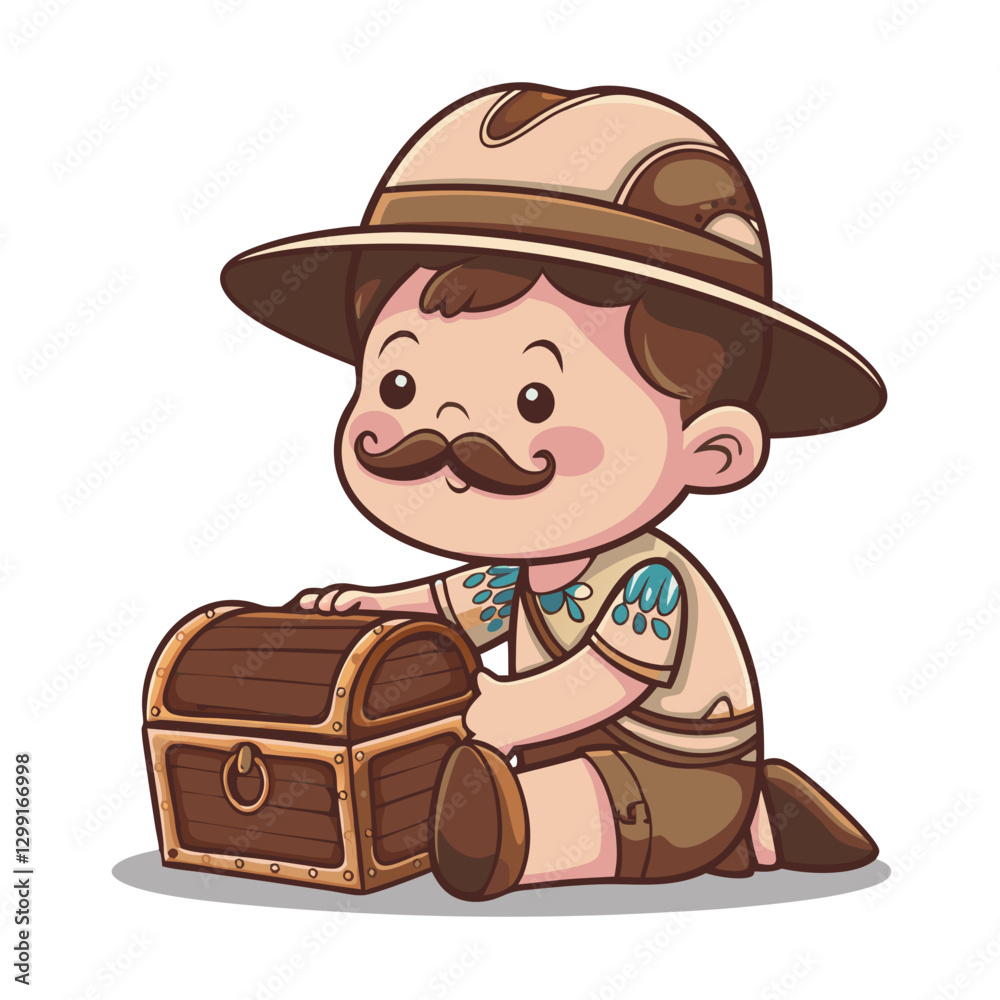 Cute Explorer Child with Mustache Opening Wooden Treasure Chest Vector Art