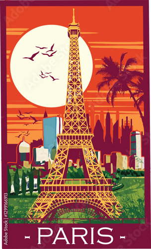 Art & Stylized illustration of the Eiffel Tower in Paris with an orange sky background.