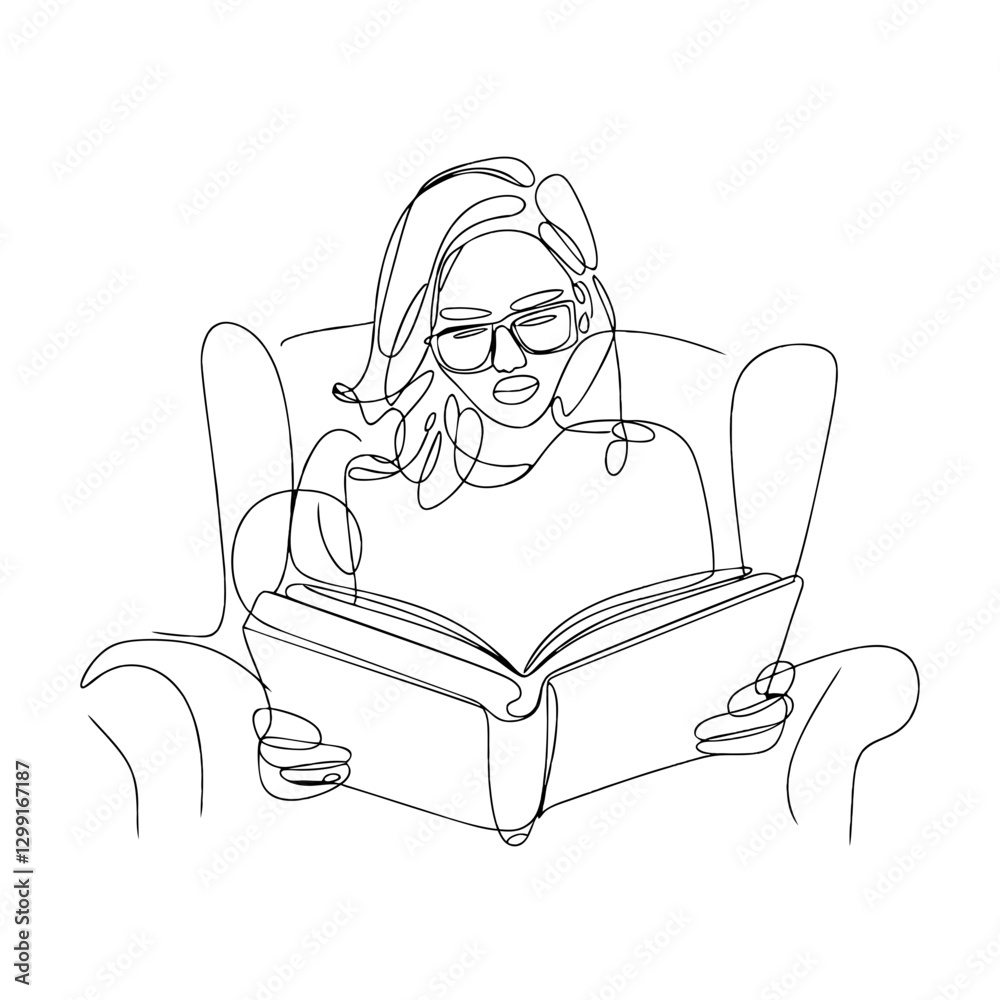 Continuous Line Drawing Woman Reading Book Relaxing Chair Vector Continuous Line Drawing Woman Reading Book Relaxing Chair Vector