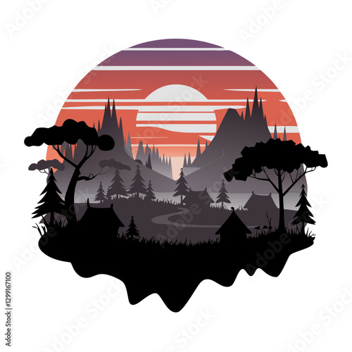 Sunset Silhouette Landscape with Mountains Trees and River Vector Illustration