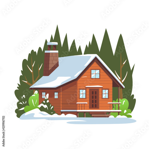 Cozy Winter Cabin Snowy Forest Vector Illustration for Seasonal Holiday Design