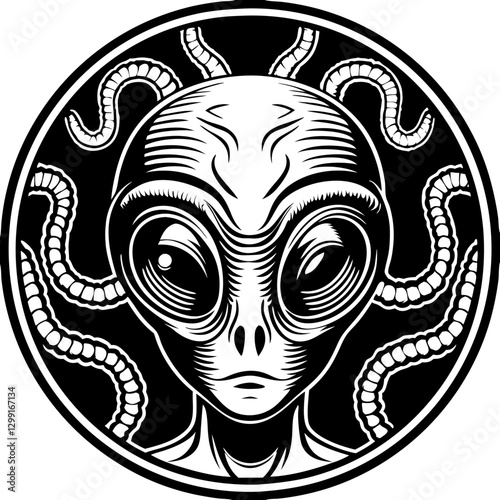 Alien Portrait Mysterious Extraterrestrial Creature Art with Tentacles Vector Design
