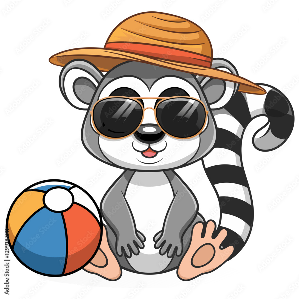 Naklejka premium Cartoon Lemur in Sunglasses with Beach Ball and Straw Hat for Summer Fun