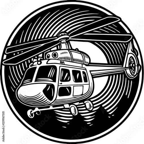 Helicopter Black and White Vector Illustration in Circular Design Perfect for Aviation Projects