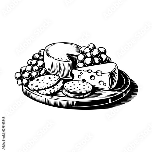 Vector Cheese Grapes and Crackers on Wooden Platter Black and White Illustration