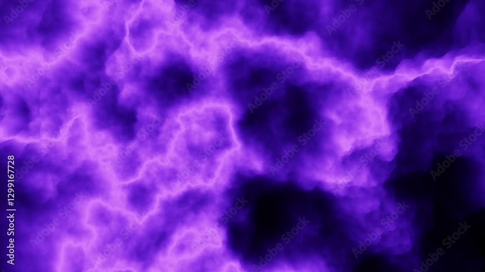 A vivid purple lightning bolt streaks across dark clouds in the sky, illuminating with a dazzling light. It travels from left to right, captivating with its electrifying power