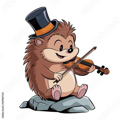 Cute Hedgehog Playing Violin in Top Hat Cartoon Vector Illustration